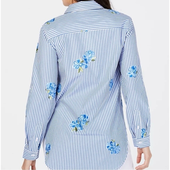 Calvin Klein Floral Embroidered Striped Long Sleeve Button Down Shirt Size Small - Picture 8 of 15